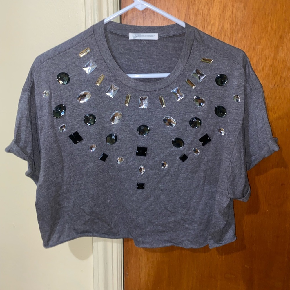Grey large bejeweled crop top